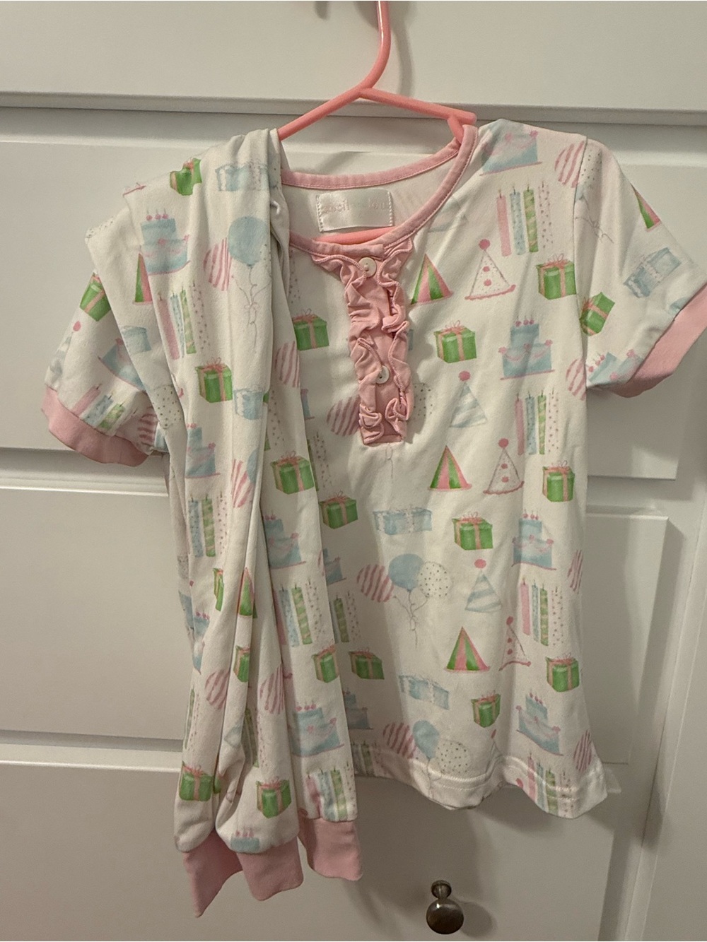 Girls' Birthday Pink Trim Party Print Short Sleeve Pajama Set